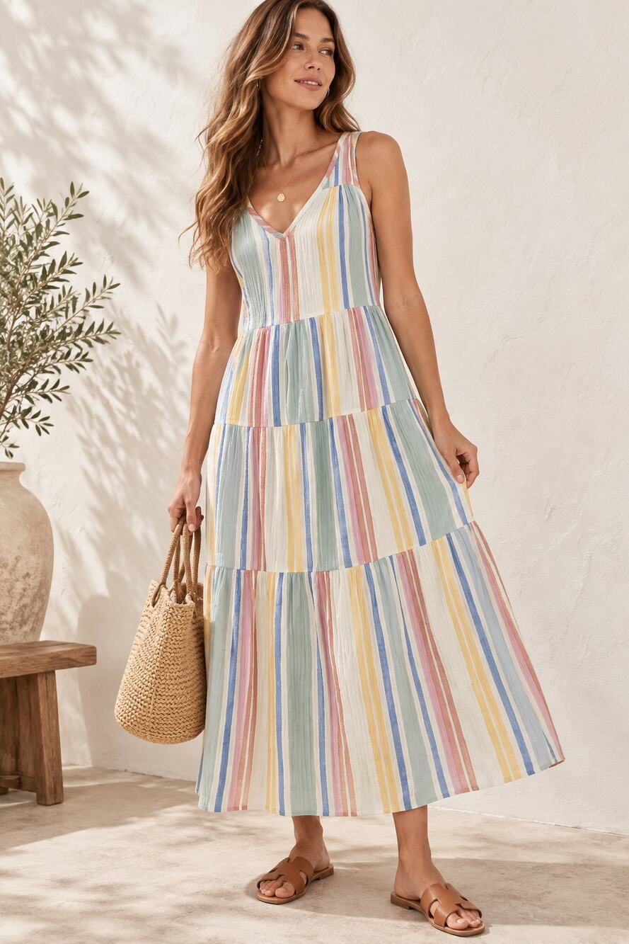 Marine Layer Corrinne Maxi Dress, Striped Multicolor Cotton Crinkle Gauze Small